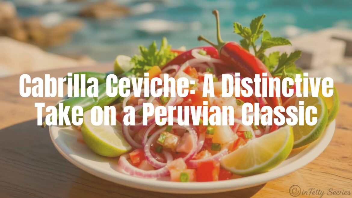 Fresh cabrilla ceviche on a plate, vibrant slices of onion, lush chili peppers, Peruvian limes, coastal Peru setting, realistic food photography.