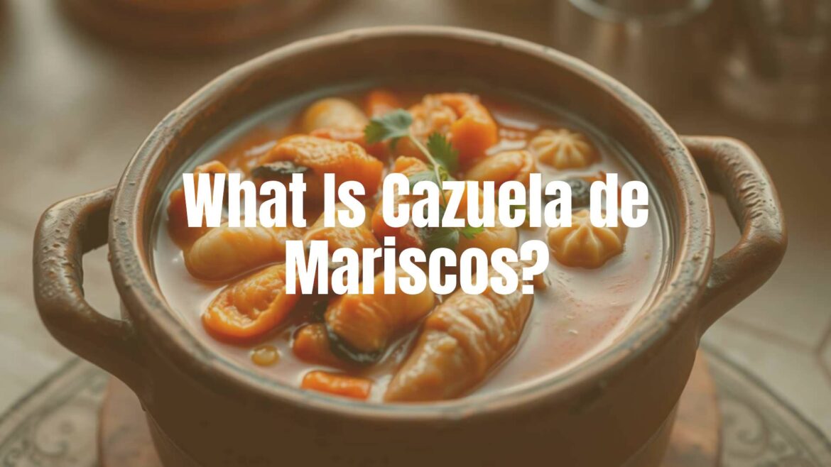 A steaming bowl of Cazuela de Mariscos, filled with fresh seafood in a creamy broth, garnished with herbs, rustic clay pot, coastal vibe, warm and inviting lighting, realistic.