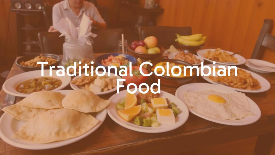 Colorful spread of traditional Colombian dishes, including arepas, bandeja paisa, and fresh fruits, vibrant and inviting, rustic wooden table, warm lighting, cultural ambiance.
