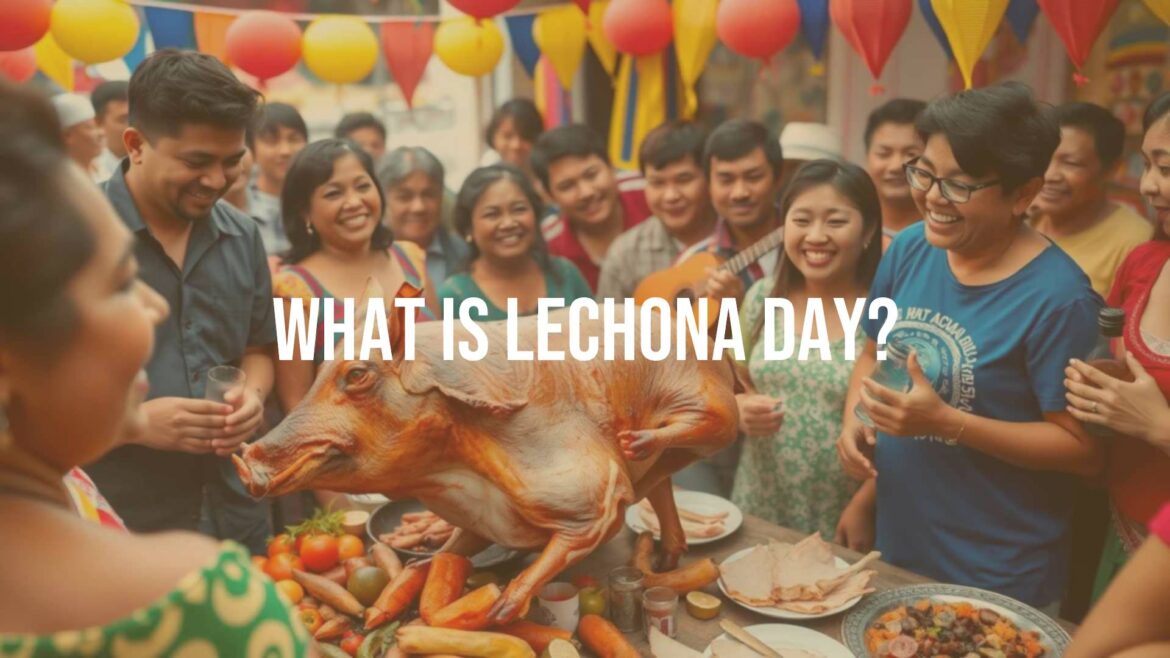 A festive Colombian gathering with a roasted pig (lechona) as the centerpiece, surrounded by happy people, traditional music, and vibrant colors, realistic.