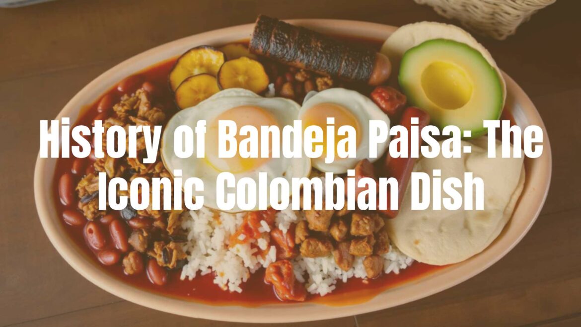 A colorful and appetizing Bandeja Paisa dish on a large oval plate, featuring red beans, rice, ground meat, chicharrón, fried egg, plantain, chorizo, arepa, and avocado, rustic Colombian setting, vibrant and inviting, realistic.