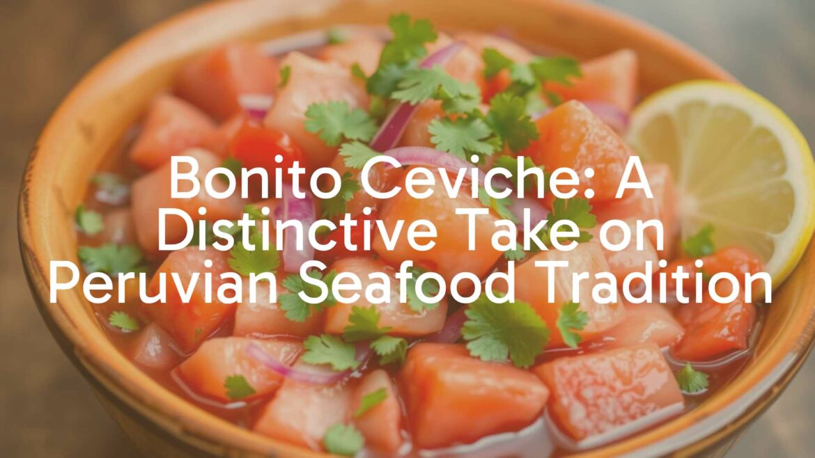 Bonito ceviche dish, fresh and colorful, with deep reddish-pink fish chunks, bright red onions, cilantro, and ají amarillo peppers, served in a traditional Peruvian ceramic bowl, vibrant and appetizing, realistic food photography.