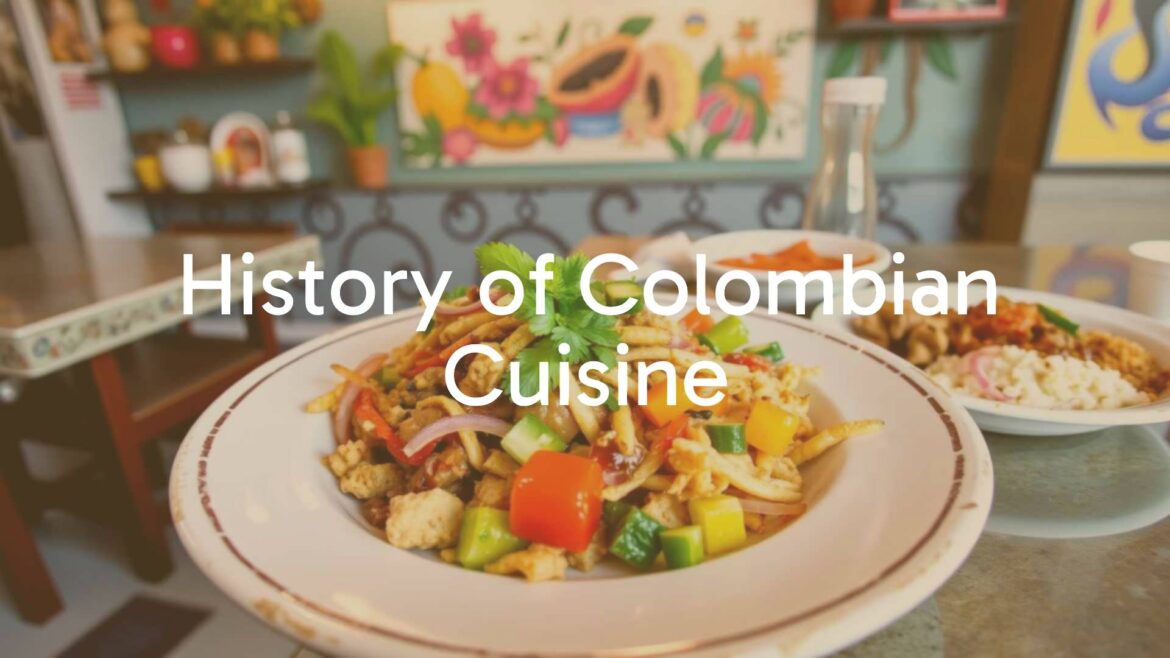 Colorful Colombian cuisine, traditional dishes, vibrant ingredients, cultural fusion, warm and inviting atmosphere, illustrative style.