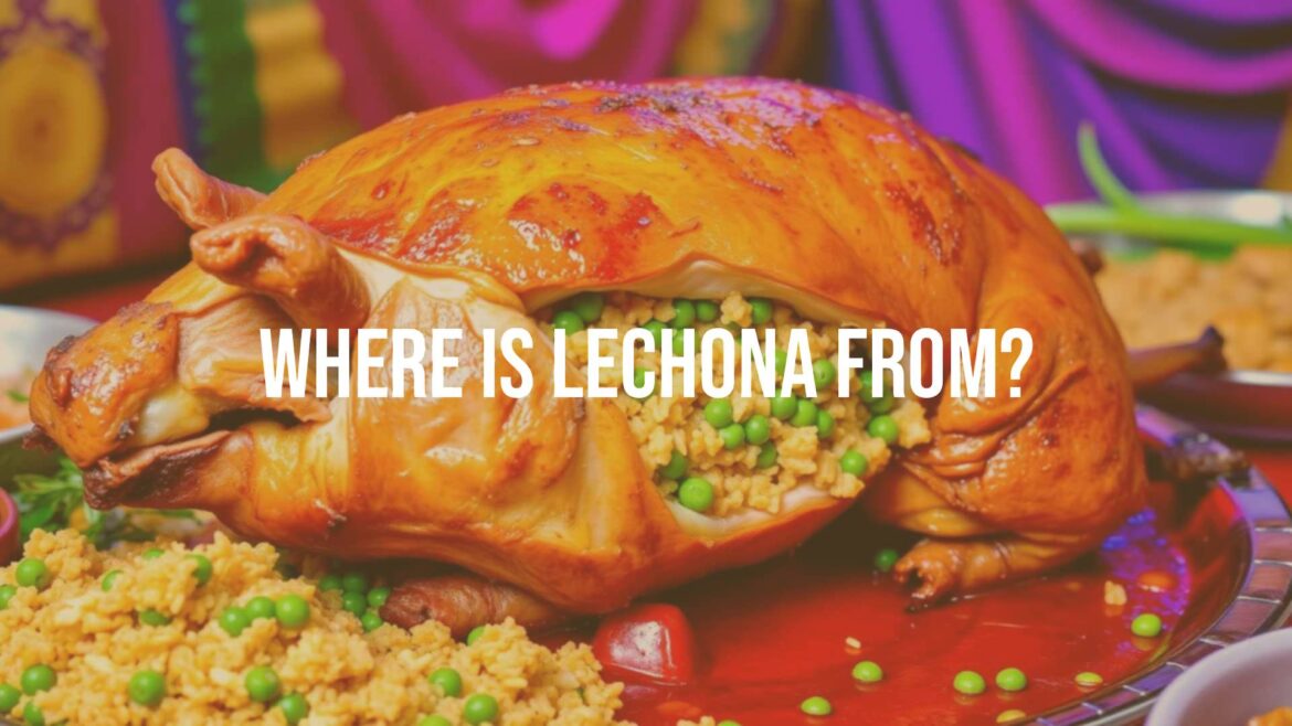 A whole roasted pig filled with rice and peas, Colombian lechona dish, Tolima region, festive atmosphere, vibrant colors, realistic.