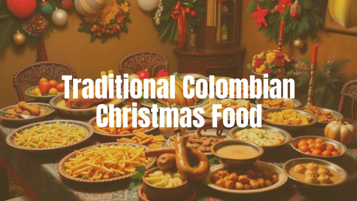 Traditional Colombian Christmas feast, colorful table with rich meats, fried foods, cheesy snacks, and sweet desserts, festive atmosphere, warm lighting, realistic.