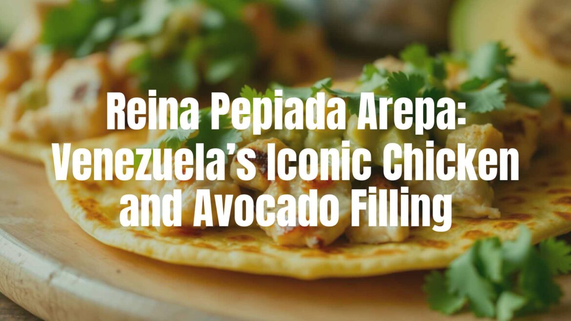 Golden-brown arepa filled with creamy chicken and avocado, fresh cilantro garnish, vibrant food photography, warm lighting, Venezuelan cuisine.