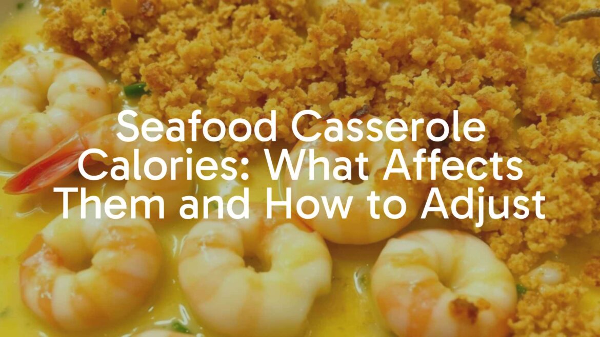 A delicious seafood casserole with shrimp, scallops, and a creamy sauce, topped with a crispy breadcrumb layer, baked golden brown, realistic.
