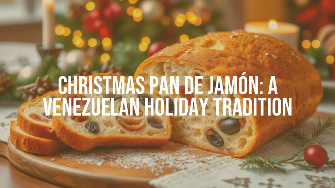 Golden-brown Venezuelan pan de jamón, sliced open to reveal ham, raisins, and olives, festive holiday table setting, warm lighting, traditional.