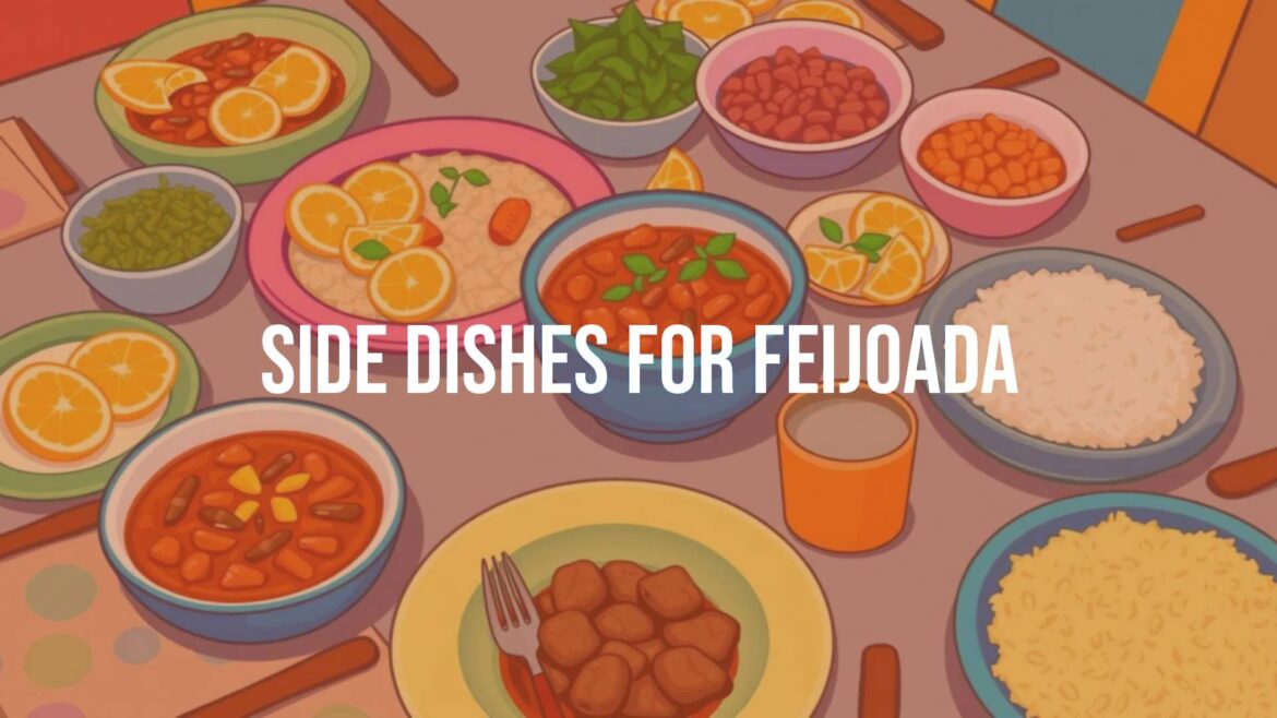 A vibrant table setting with Brazil's feijoada stew surrounded by colorful side dishes like orange slices, collard greens, rice, and farofa, bright and inviting, illustrative style.