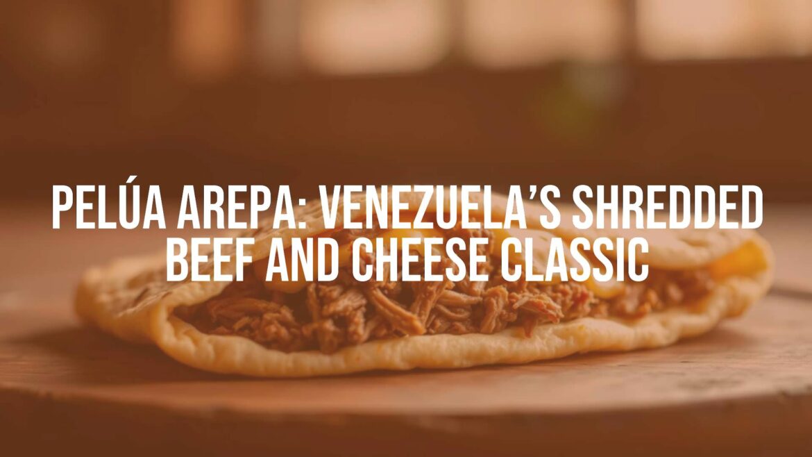 Venezuelan pelúa arepa with shredded beef and melted cheese, close-up, rustic wooden table, warm lighting, traditional, appetizing, realistic.