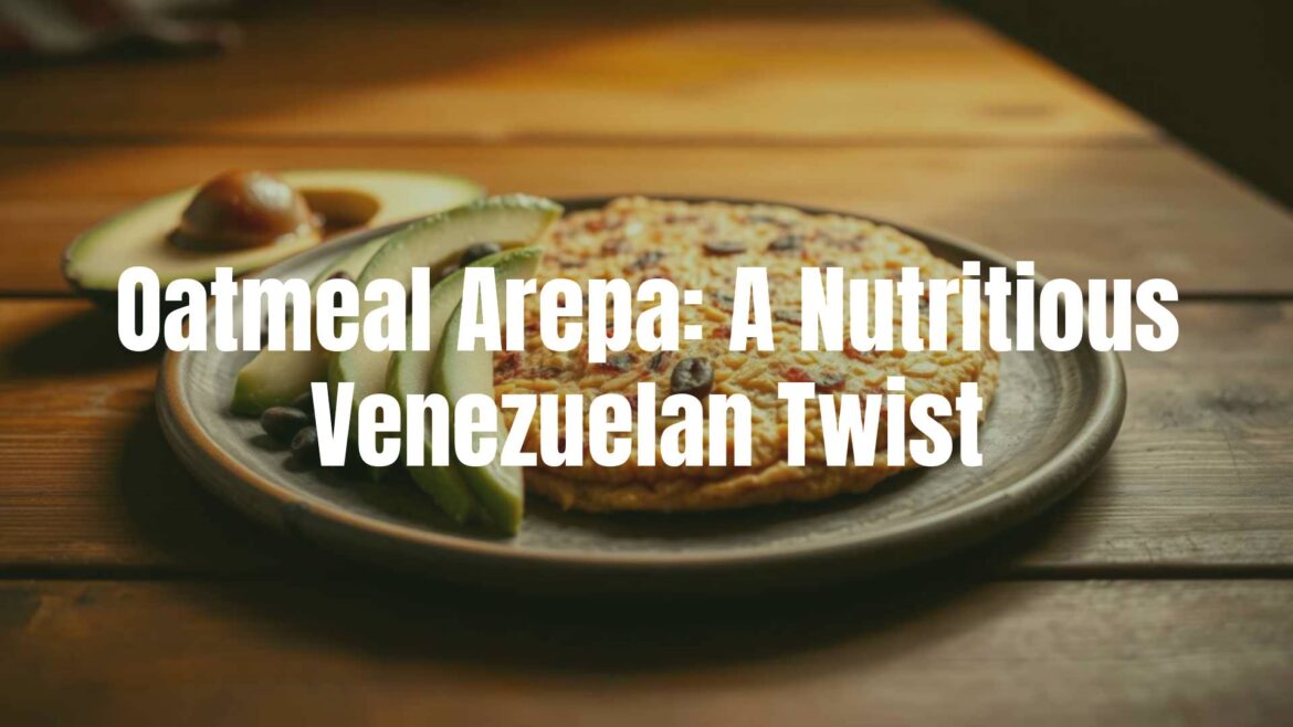 Oatmeal arepa on a rustic wooden table, golden brown, with a side of avocado slices and black beans, warm lighting, realistic.