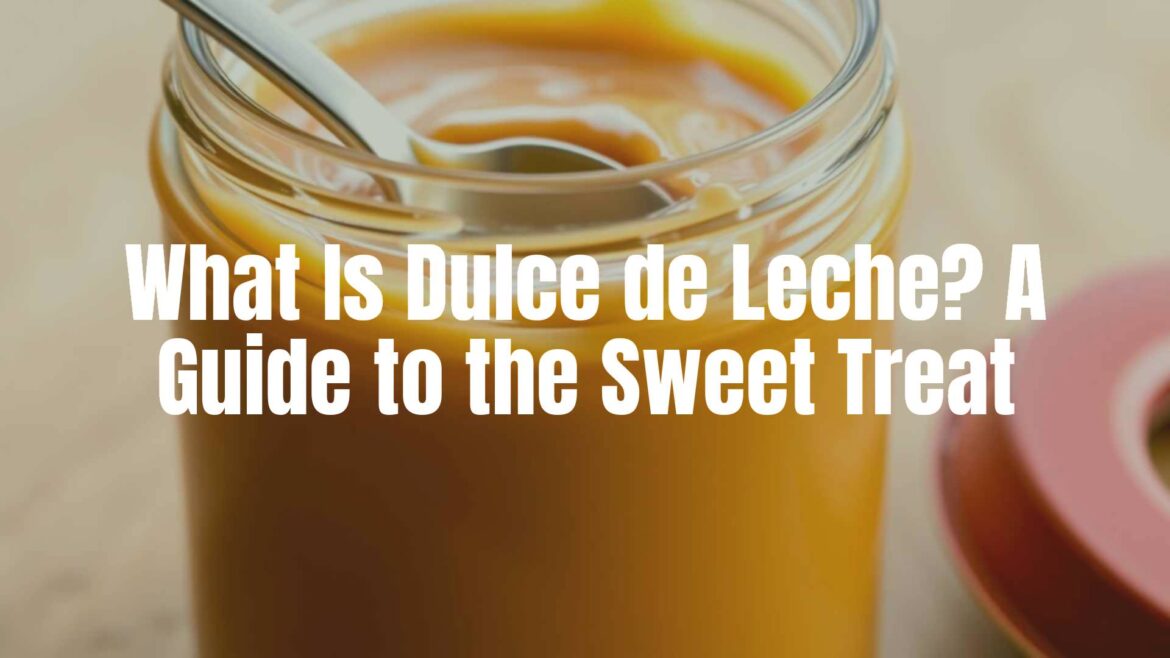 A jar of creamy dulce de leche with a spoon, golden-brown color, rich texture, warm lighting, realistic.