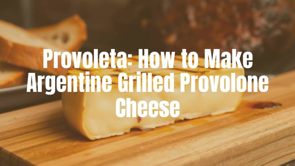 Grilled provolone cheese with golden crust and melted center, served on a rustic wooden board with crusty bread, Argentine asado background, warm and inviting lighting, realistic.