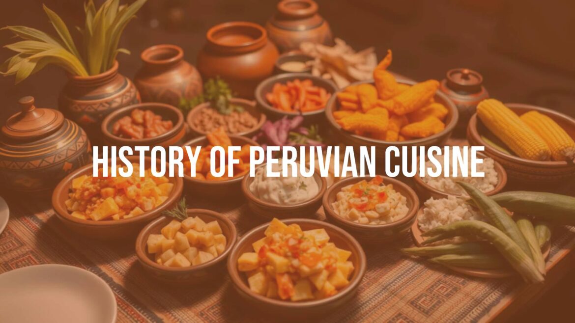 Colorful spread of Peruvian cuisine, featuring ceviche, potatoes, and corn, traditional Andean pottery, warm lighting, vibrant and inviting.