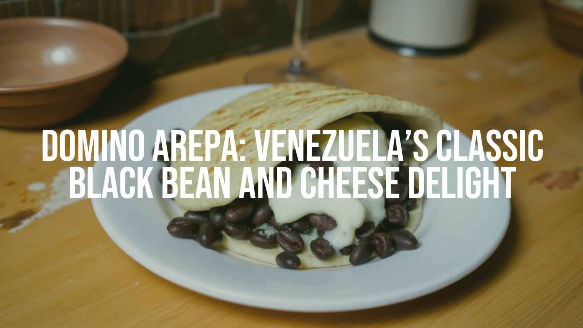 Delicious domino arepa on a plate, black beans and white cheese filling, traditional Venezuelan food, rustic background, warm lighting, realistic.