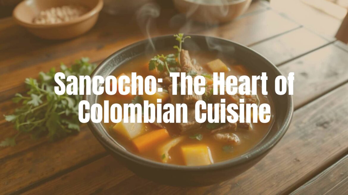 A steaming bowl of Colombian Sancocho, filled with chunks of meat, root vegetables, and fresh herbs, rustic wooden table, warm and inviting lighting, traditional Colombian setting, realistic.