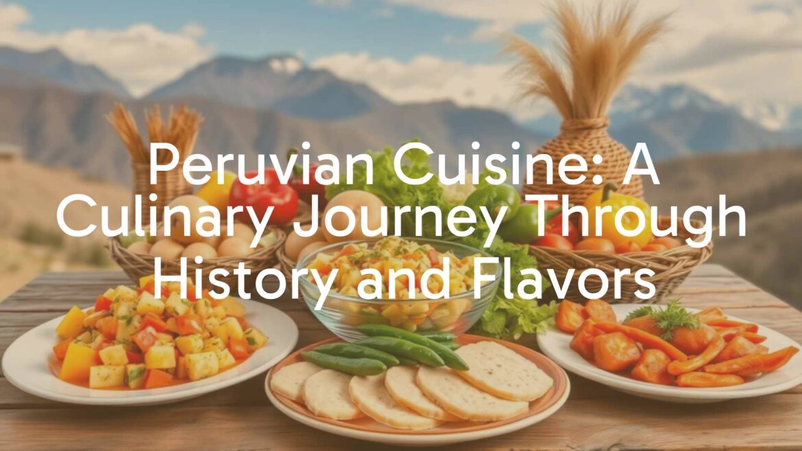 Colorful Peruvian cuisine spread, featuring ceviche, potatoes, and peppers, vibrant and inviting, traditional dishes on a wooden table, Andes mountains in the background, realistic.