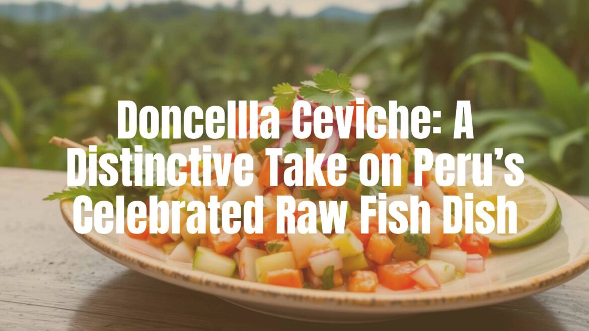 Fresh doncella ceviche on a plate, Amazon rainforest background, vibrant colors, traditional Peruvian ingredients, realistic.
