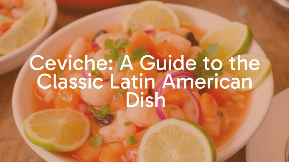 Fresh ceviche in a bowl, vibrant colors, lime slices, cilantro, red onions, seafood, bright and appetizing, realistic.