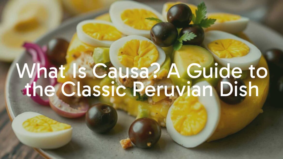 A colorful and layered Peruvian Causa dish, featuring yellow potato, avocado, and chicken filling, garnished with olives and boiled eggs, vibrant and appetizing, realistic food photography.