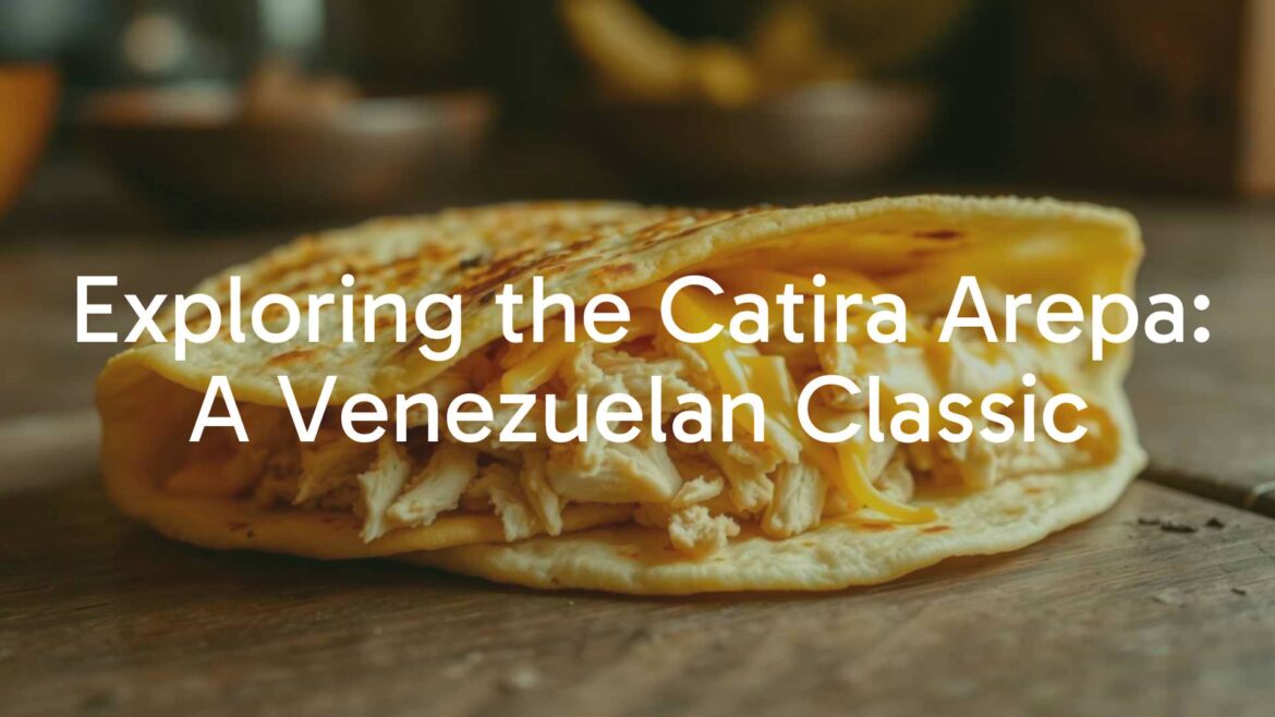 Golden catira arepa with shredded chicken and melted yellow cheese, close-up on a rustic wooden table, warm and inviting lighting, traditional Venezuelan style, hyperrealistic.