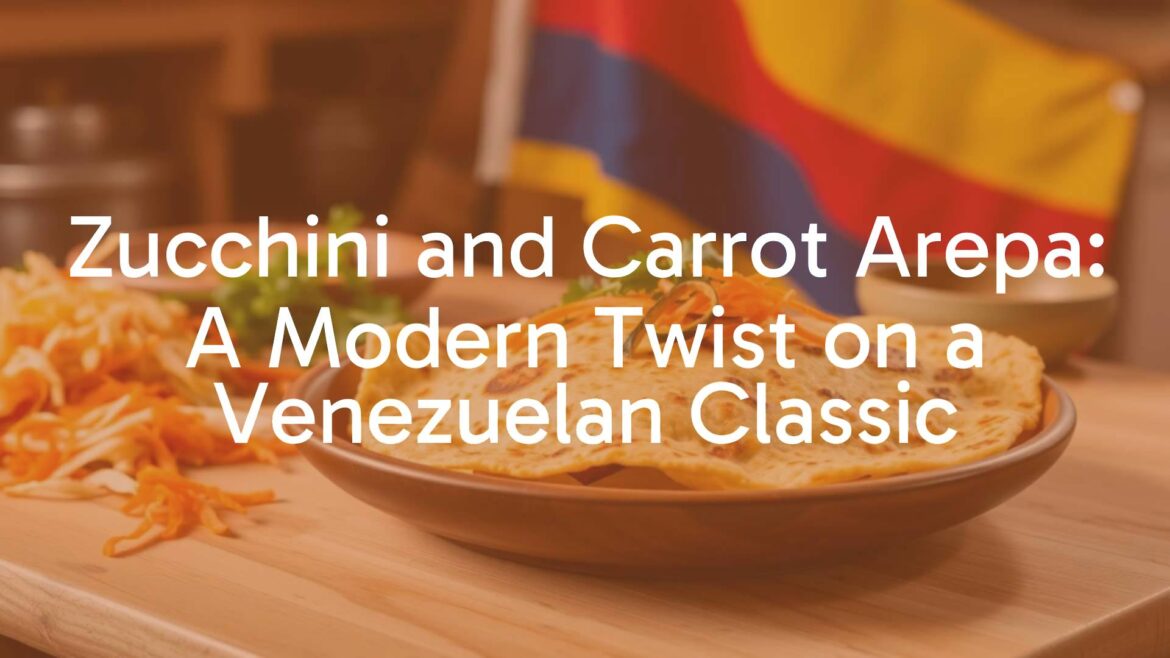 Golden-brown zucchini and carrot arepa on a wooden plate, fresh shredded vegetables visible, Venezuelan flag in background, rustic kitchen setting, warm lighting, realistic.