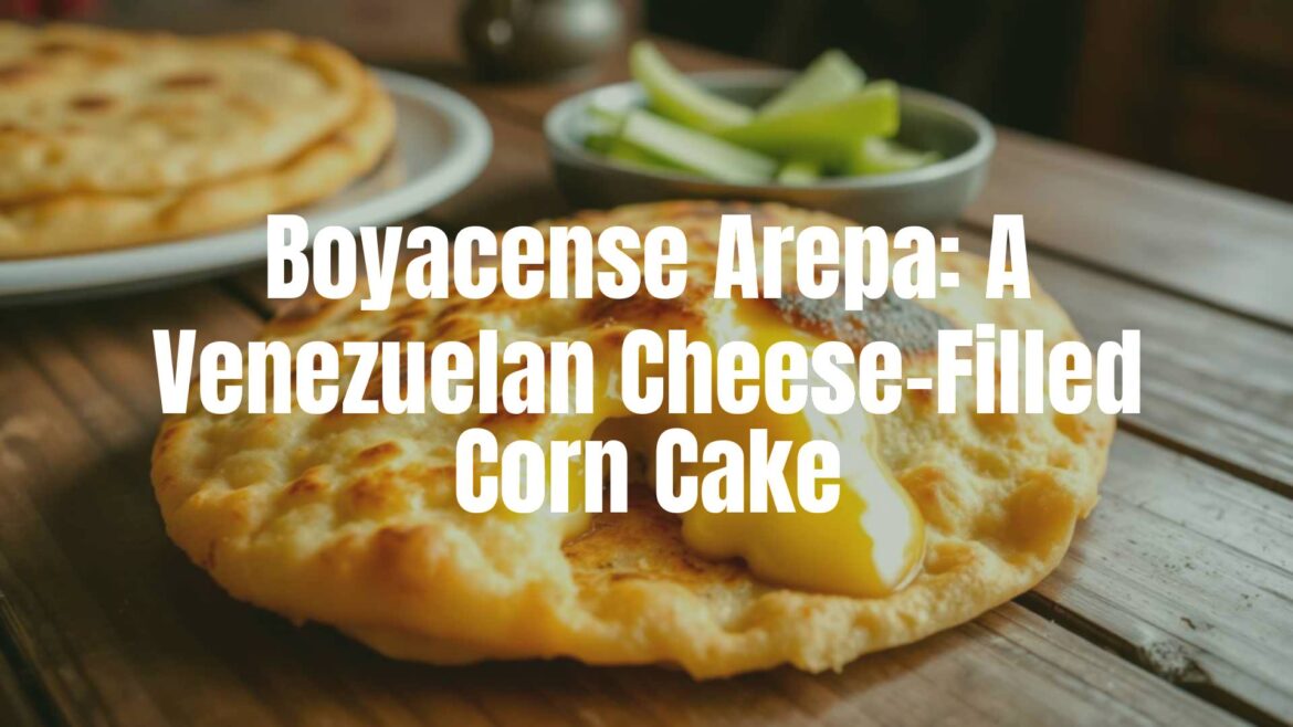 A golden brown Venezuelan Boyacense arepa with melted cheese oozing out, on a rustic wooden table, traditional setting, warm lighting, appetizing and inviting, realistic.