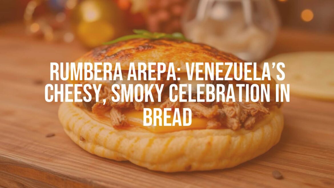 A delicious Venezuelan rumbera arepa, stuffed with shredded pork and melted cheese, smoky and golden brown, on a rustic wooden table with festive decorations in the background.