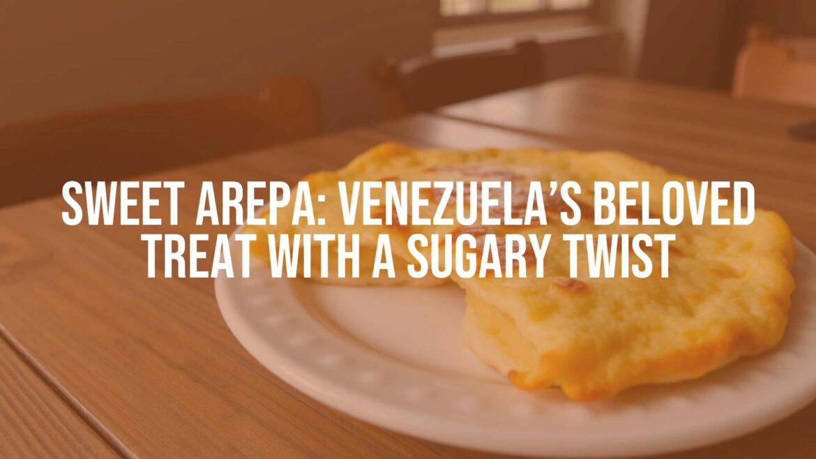 Golden sweet arepa on a plate, warm and slightly crispy edges, Venezuelan cuisine, rustic wooden table, cozy morning light, traditional.