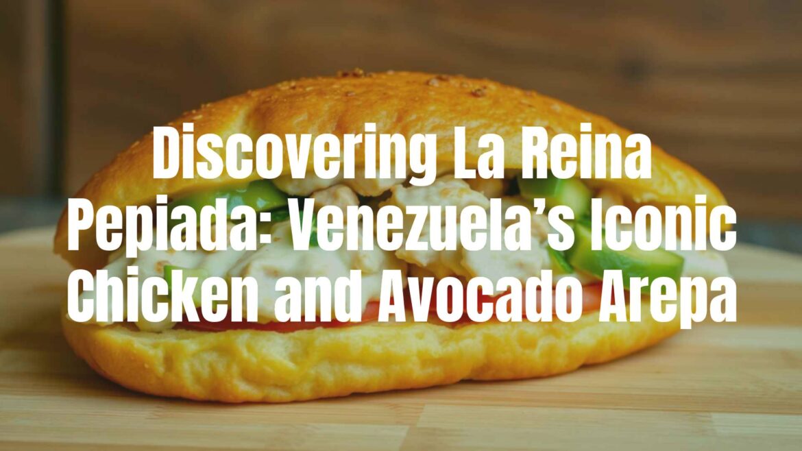 A delicious Reina Pepiada arepa, Venezuelan sandwich with creamy chicken and avocado filling, golden-brown exterior, fresh ingredients, vibrant colors, rustic wooden background, warm lighting, realistic.