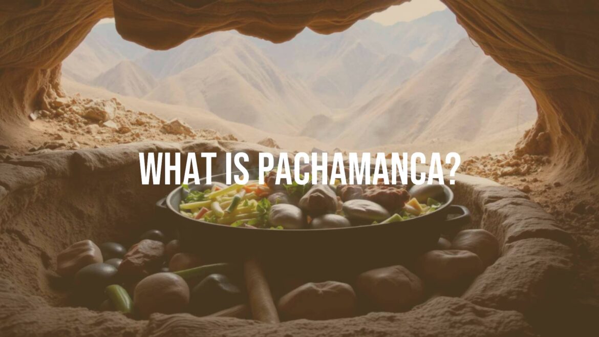 Traditional Peruvian Pachamanca cooking, meats and vegetables in an underground pit with hot stones, Andean mountains in background, earthy tones, realistic.