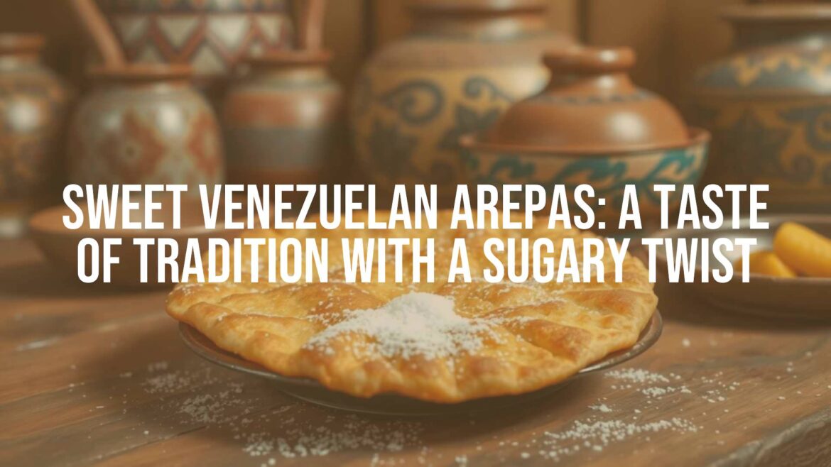 Sweet Venezuelan arepas on a rustic wooden table, golden brown, sprinkled with sugar, traditional pottery in the background, warm lighting, inviting atmosphere, realistic.