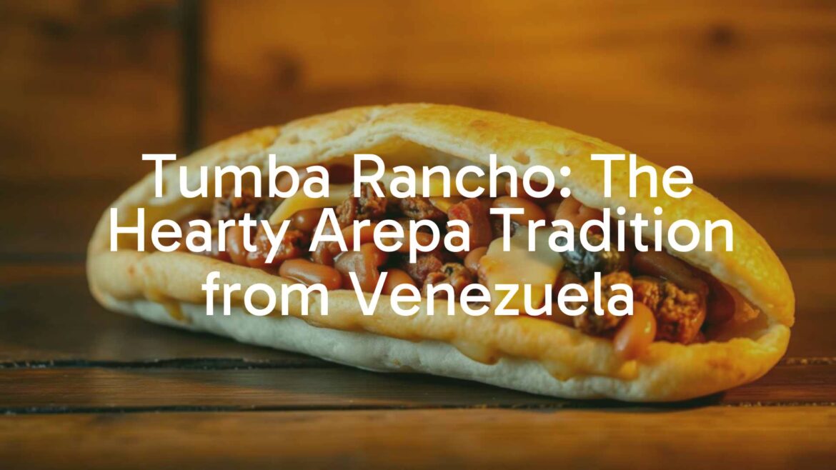 A delicious and hearty Venezuelan tumba rancho arepa, golden and crispy on the outside, filled with savory meat, cheese, and beans, placed on a wooden table with rustic background, warm and inviting lighting, realistic.