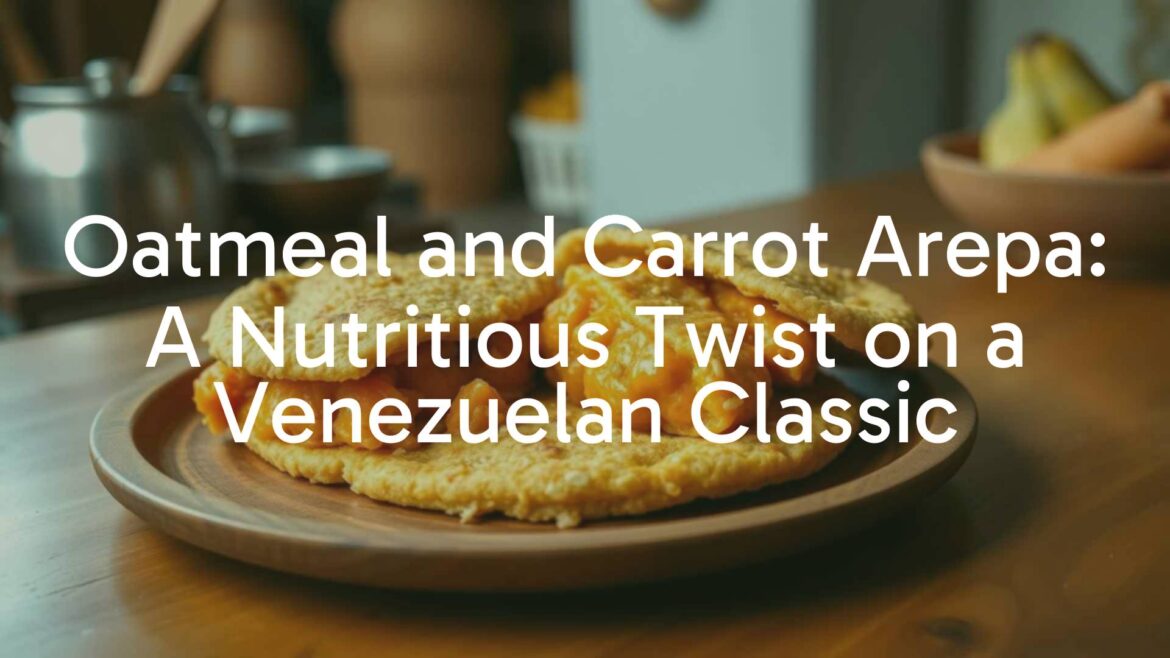 A golden oatmeal and carrot arepa on a rustic wooden plate, sliced open to show the carrot filling, warm lighting, traditional Venezuelan kitchen background, realistic.