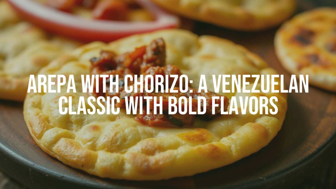 A delicious Venezuelan arepa stuffed with spicy chorizo, golden-brown crust, vibrant colors, rustic presentation, food photography.