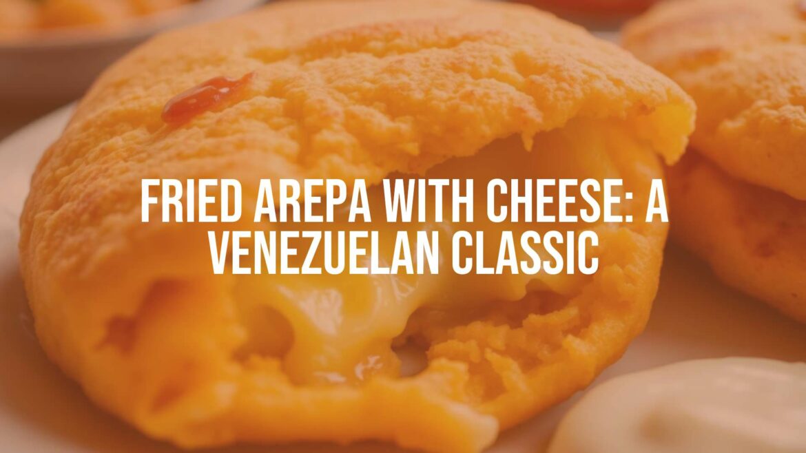 Fried arepa with cheese, golden crispy exterior, melted cheese oozing out, Venezuelan snack, traditional, warm and inviting, food photography style.