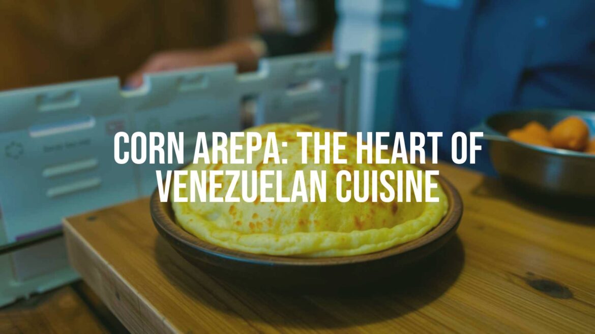 Golden corn arepa on a wooden plate, crispy exterior, warm lighting, traditional Venezuelan setting, realistic.