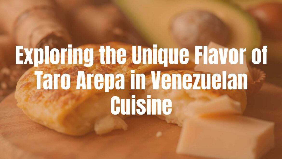 A close-up of a golden-brown taro arepa, sliced open to reveal a creamy filling, with taro roots and traditional Venezuelan ingredients like cheese and avocado nearby, vibrant and appetizing, studio lighting.