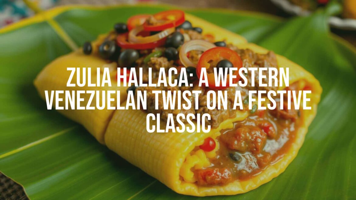 A beautifully wrapped Zulia-style hallaca on a banana leaf, adorned with olives, raisins, and colorful garnishes, festive Christmas background, warm lighting, traditional Venezuelan holiday setting, hyperrealistic.