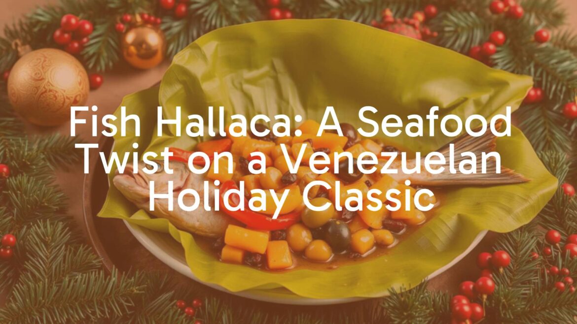 A coastal Venezuelan fish hallaca, unwrapped on a banana leaf, showcasing tender fish and seafood filling with vibrant bell peppers, olives, and raisins, surrounded by festive holiday decorations, photorealistic.