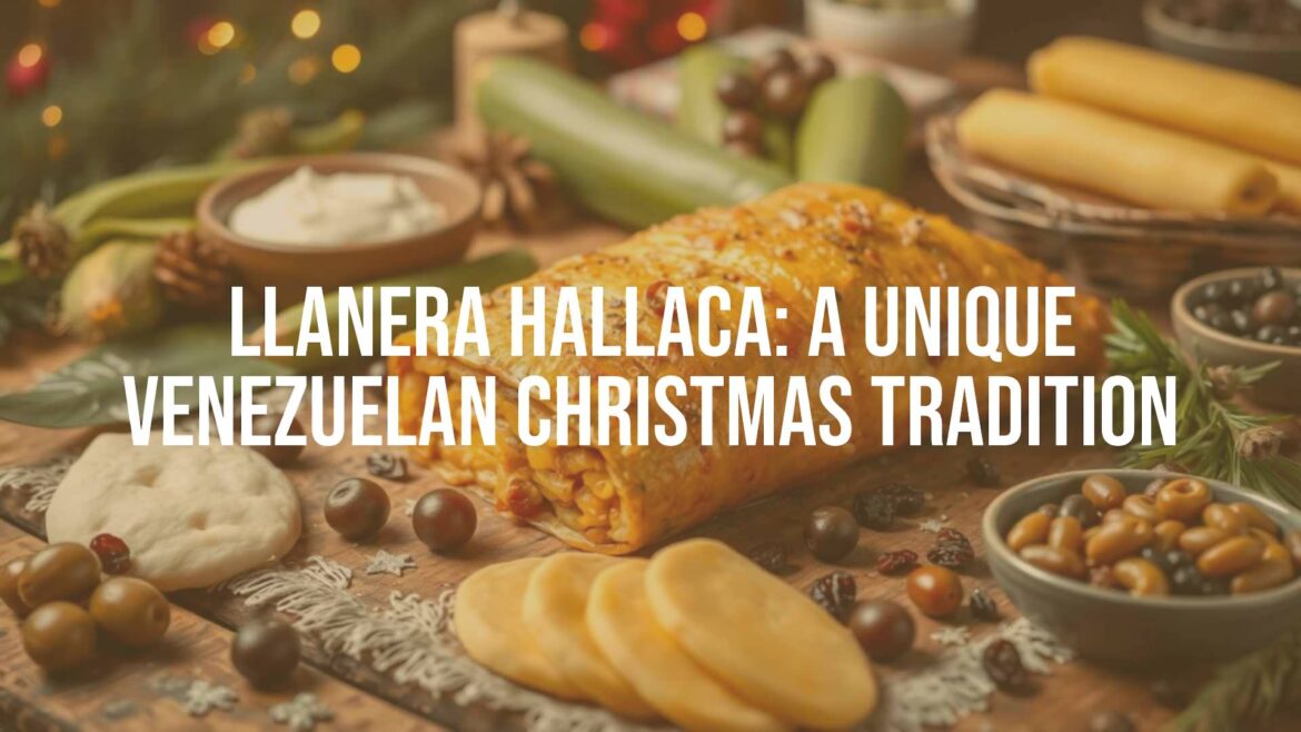 Traditional Venezuelan llanera hallaca on a rustic wooden table, surrounded by ingredients like maize dough, plantain leaves, olives, capers, and raisins, festive Christmas setting, warm lighting, realistic.