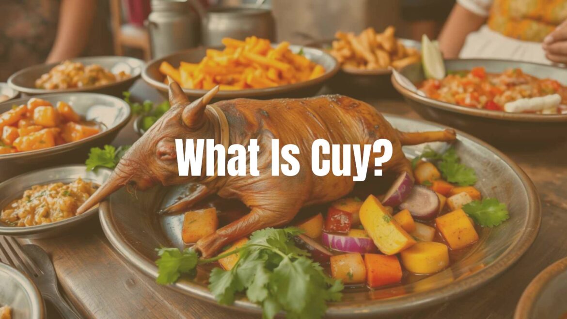 A traditional Andean dish featuring roasted cuy (guinea pig) with colorful sides, rustic background, cultural vibe, realistic.