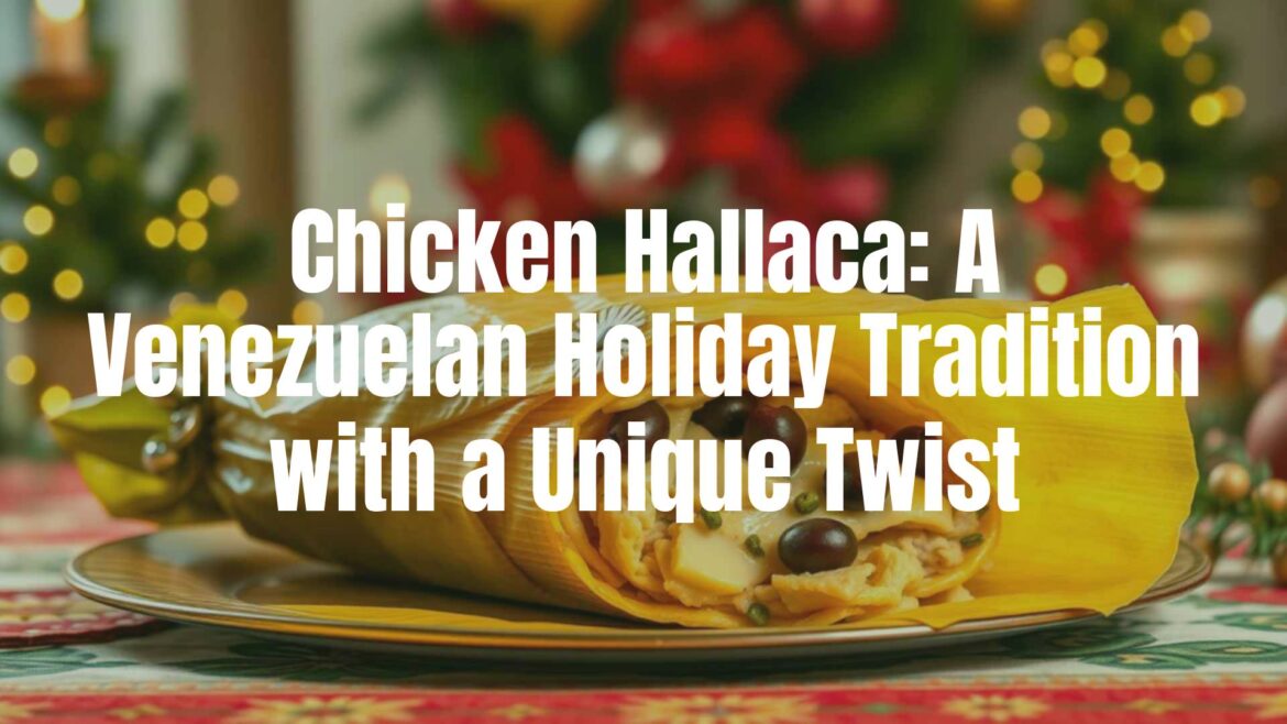 A beautifully wrapped Chicken Hallaca on a festive table, banana leaf packaging, golden corn dough, savory chicken filling with olives and capers, Christmas decorations in the background, warm holiday lighting, traditional Venezuelan dish, hyperrealistic.